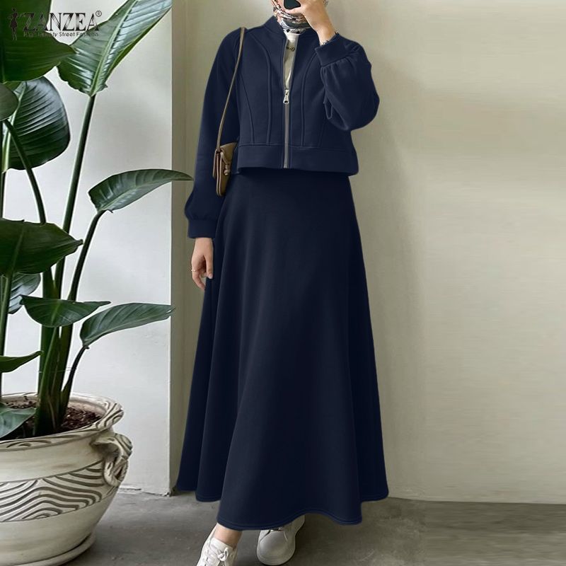 ZANZEA 2026 Tenues de printemps Blouse à manches longues et jupe Ensemble de mode pour femmes 2 pièces Ensembles de vestes à fermeture éclair Robe longue Ensemble assorti musulman