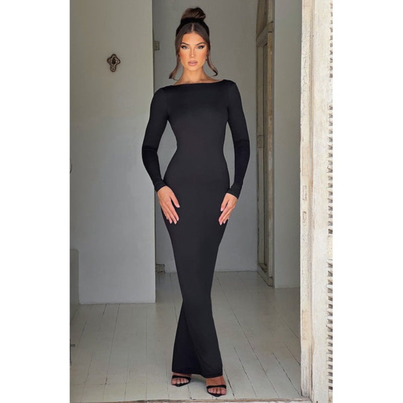 Nouvelle Robe Longue Élégante pour Femme, Collection Été 2026, Design Sophistiqué, Moulante, pour Soirée, avec Dos Nu et Manches Longues