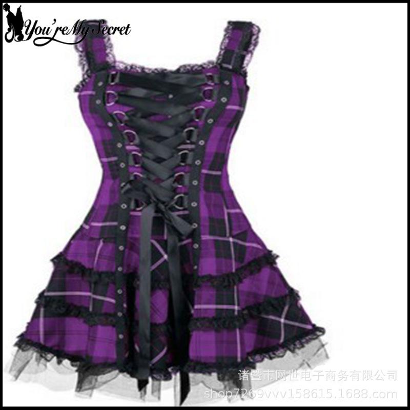 Robe Vintage Femme Sexy Mini-Robe Rétro à Carreaux Robe Gothique Sexy en Dentelle Robe d'Été Punk Vêtement Printanier