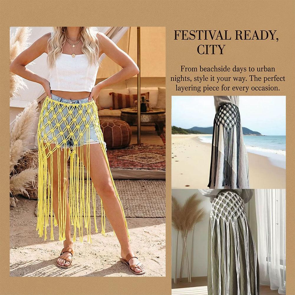 Jupe à franges en crochet fait main pour femme, ceinture à franges en maille tricotée sexy et tendance, pour costumes, jeans, paréo de plage, écharpe de hanche, vacances à la plage