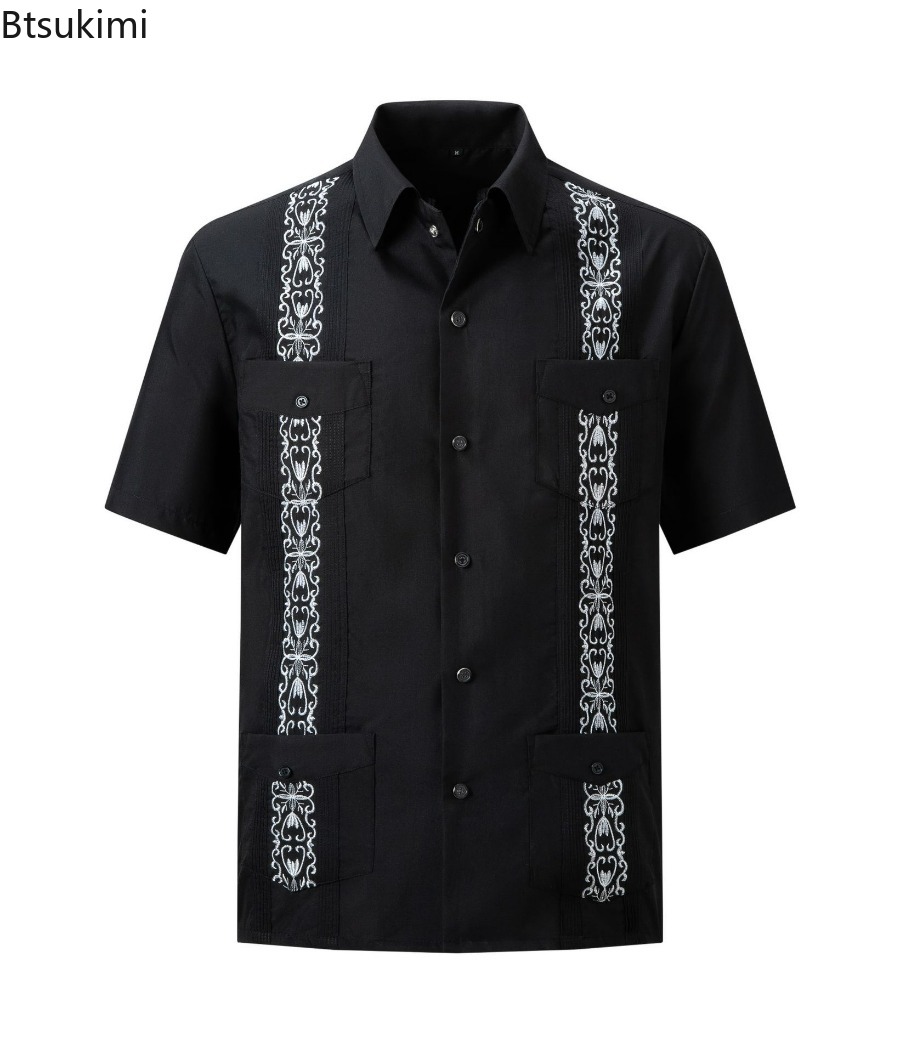 Chemises Guayabera pour hommes, vêtements traditionnels brodés à quatre poches, chemises cubaines mexicaines à manches courtes, nouvelle collection