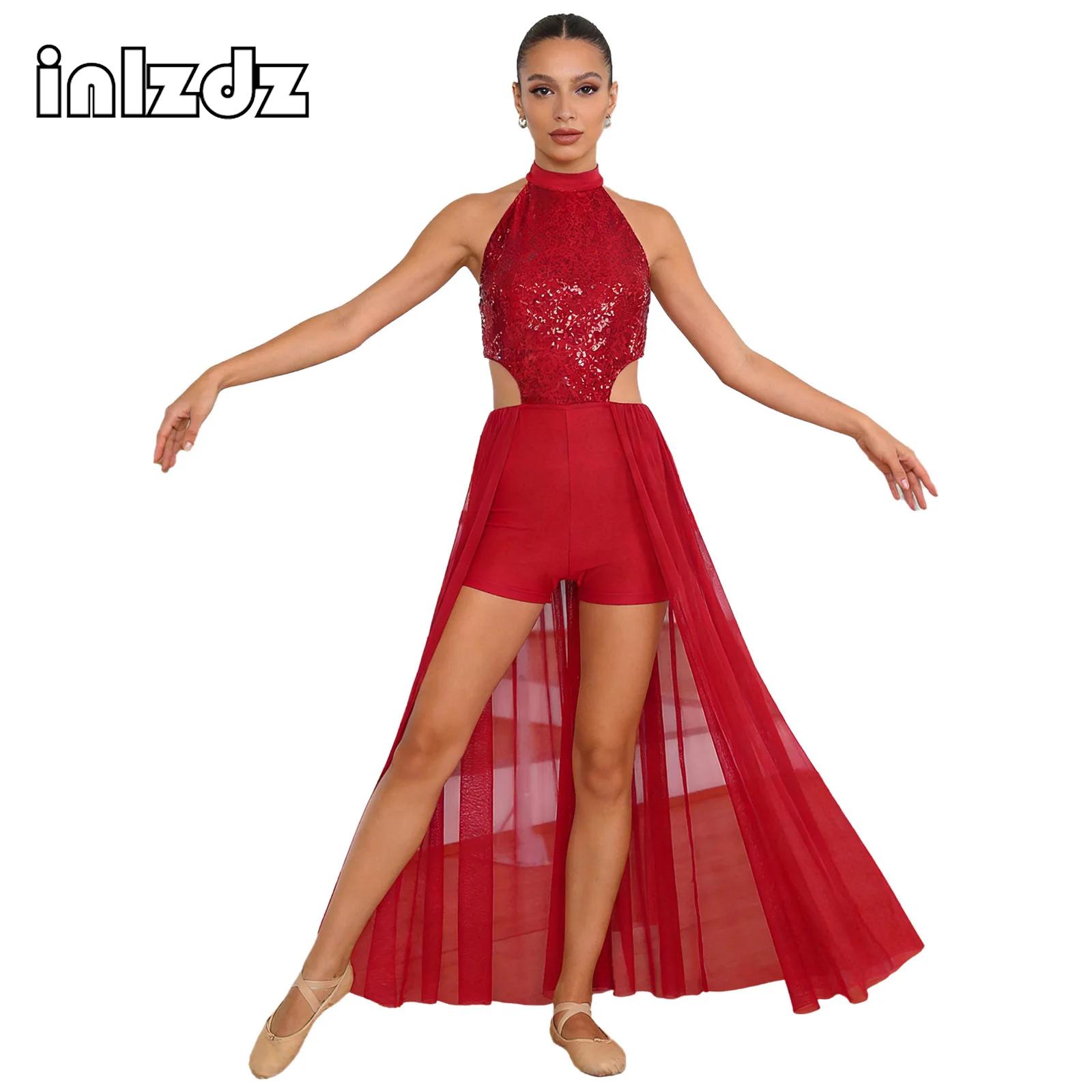 Robe de danse lyrique pour femmes, costumes de spectacle, robe une pièce à sequins et dos nu, tenue de danse pour la danse moderne, soirée de bal