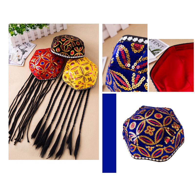 Xinjiang Uygur chapeau hommes femmes adulte Style musulman chapeau de danse non/avec perruque danse nationale Performance Costume enfant chapeau Hexagonal