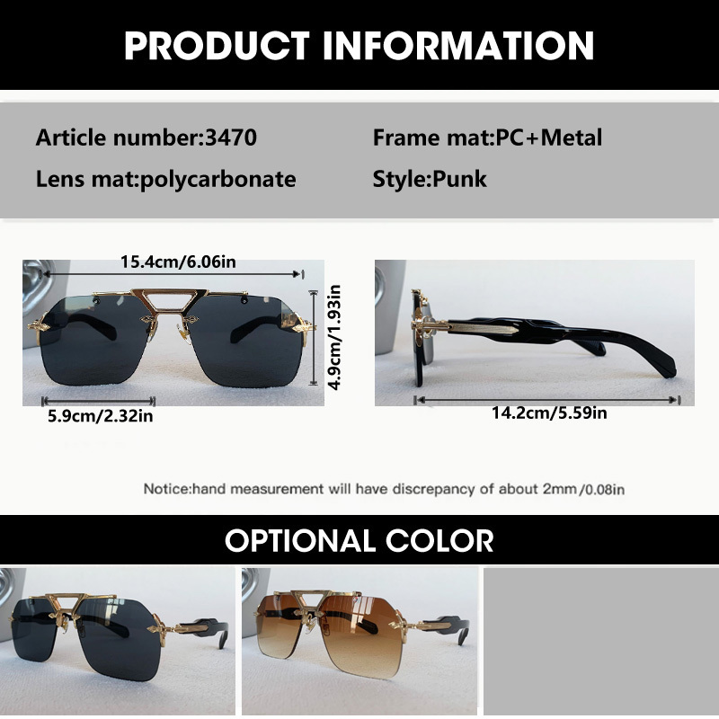 Lunettes de soleil carrées classiques de marque de luxe, sans monture, pour hommes et femmes, style rétro vintage punk, lunettes de soleil surdimensionnées, monture en métal