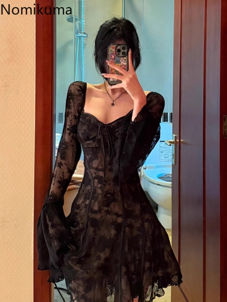 Tempérament Robe Femme robes pour femmes taille haute manches évasées carré Collat noir dentelle Robe Sexy 2025 robes De Mujer
