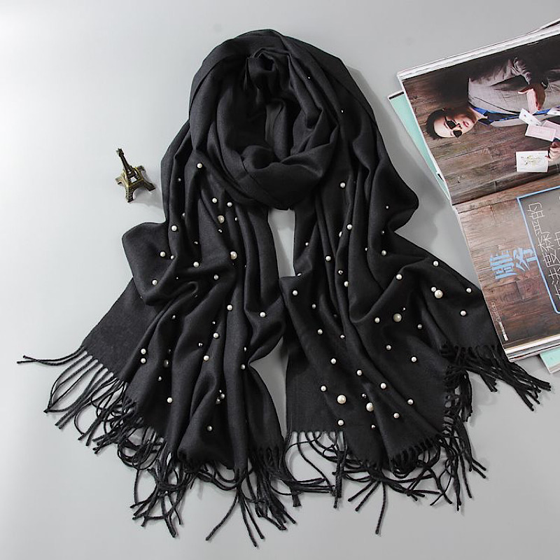 Perles de luxe couleur unie cachemire écharpe femmes hiver chaud Pashmina foulards gland décontracté Bufanda Poncho dame enveloppes châles