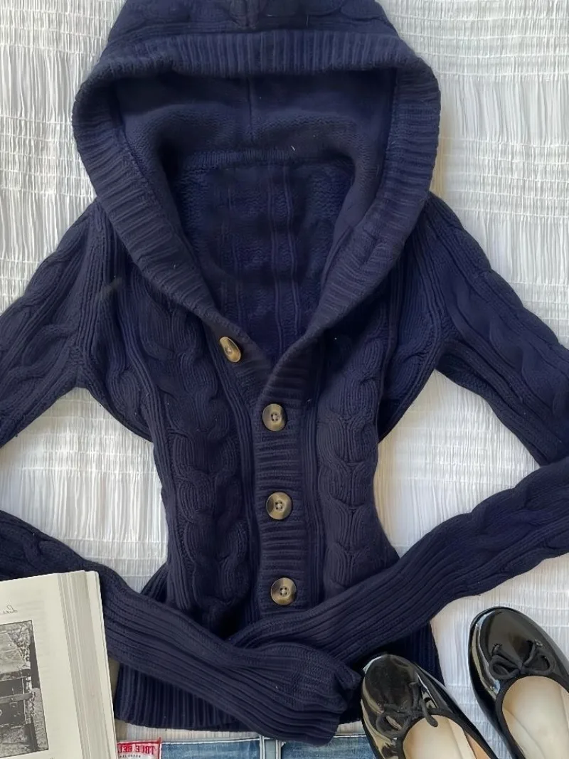 Cardigan à Capuche Bleu Foncé de Style Américain pour Femme, Pull Décontracté, Polyvalent, Rétro, Harajuku, Haut Simple, Y2K