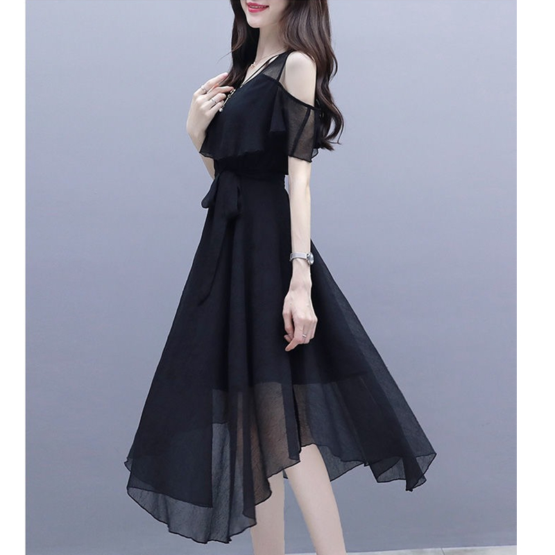 Robe d'été en mousseline de soie pour femmes, tenue de bureau coréenne, gracieuse, décontractée, noire, épaules dénudées, nouvelle mode, vêtements féminins, 2025