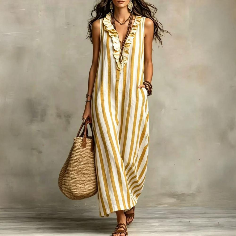 Robe d'été pour femmes avec poches, rayée, en coton et lin, maxi, sans manches, bohème, ample, longue, robe de plage