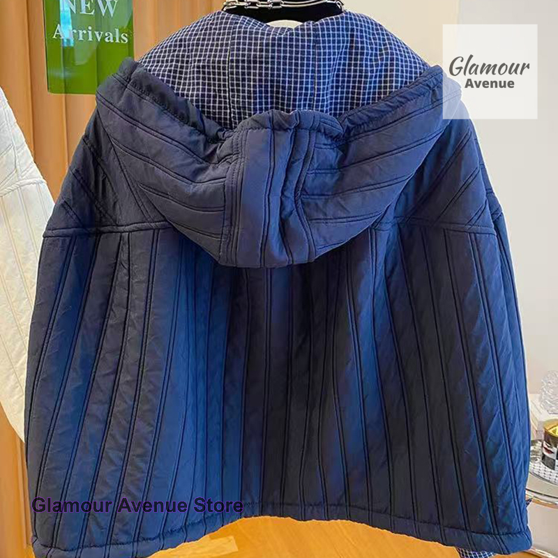 Veste à capuche en coton de style coréen pour femmes, nouvelle collection automne-hiver, veste décontractée à carreaux avec empiècements, légère et rembourrée en coton.