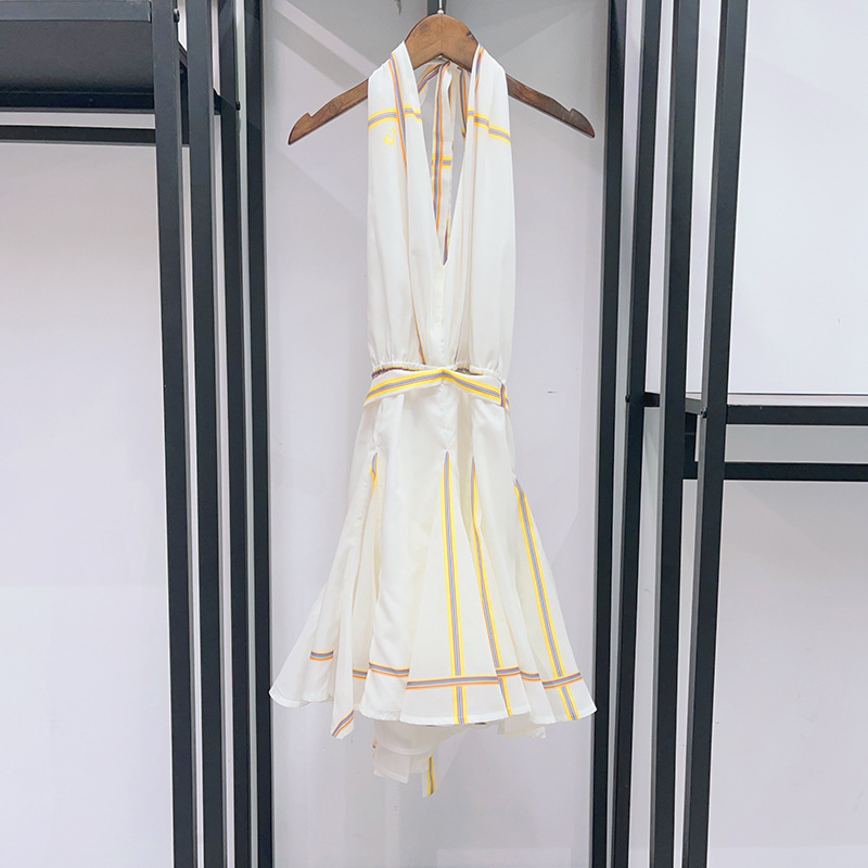 Robe Courte Femme Décolleté en V à Rayures Françaises et Lacets à la Taille, Style Vacances, Dos Nu, Collection Début d'Automne