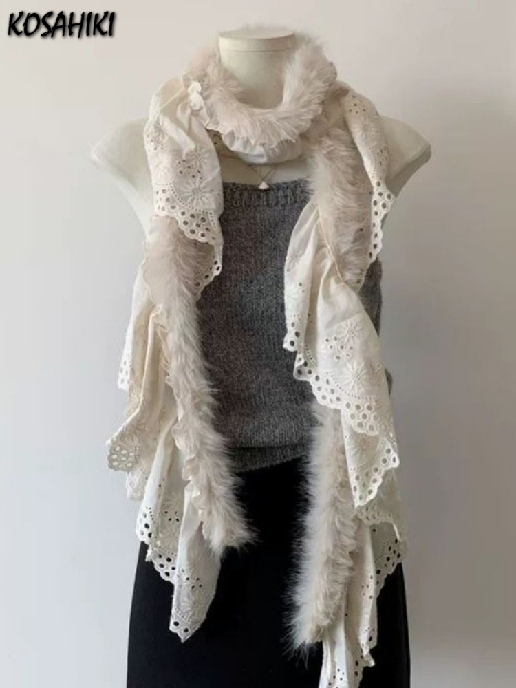 Y2k – foulard en fourrure en dentelle, Patchwork, esthétique, Harajuku, Vintage, broderie de fleurs, foulard féerique japonais ajouré, Grunge