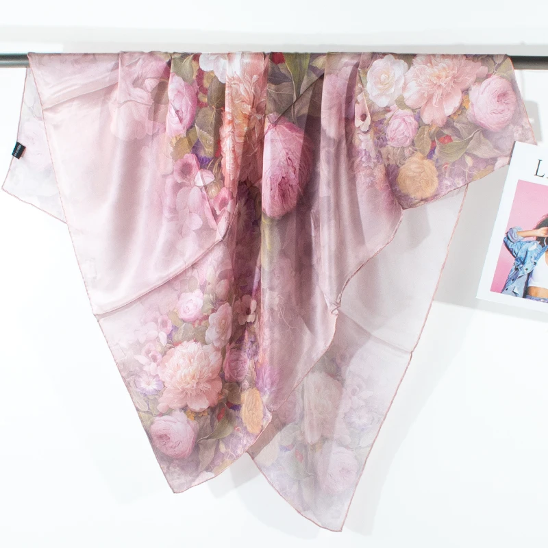 Écharpe carrée de luxe 100 % soie de mûrier 108x108cm motif floral rose rose pour femme, foulard, bandeau, bandana, polyvalente et tendance