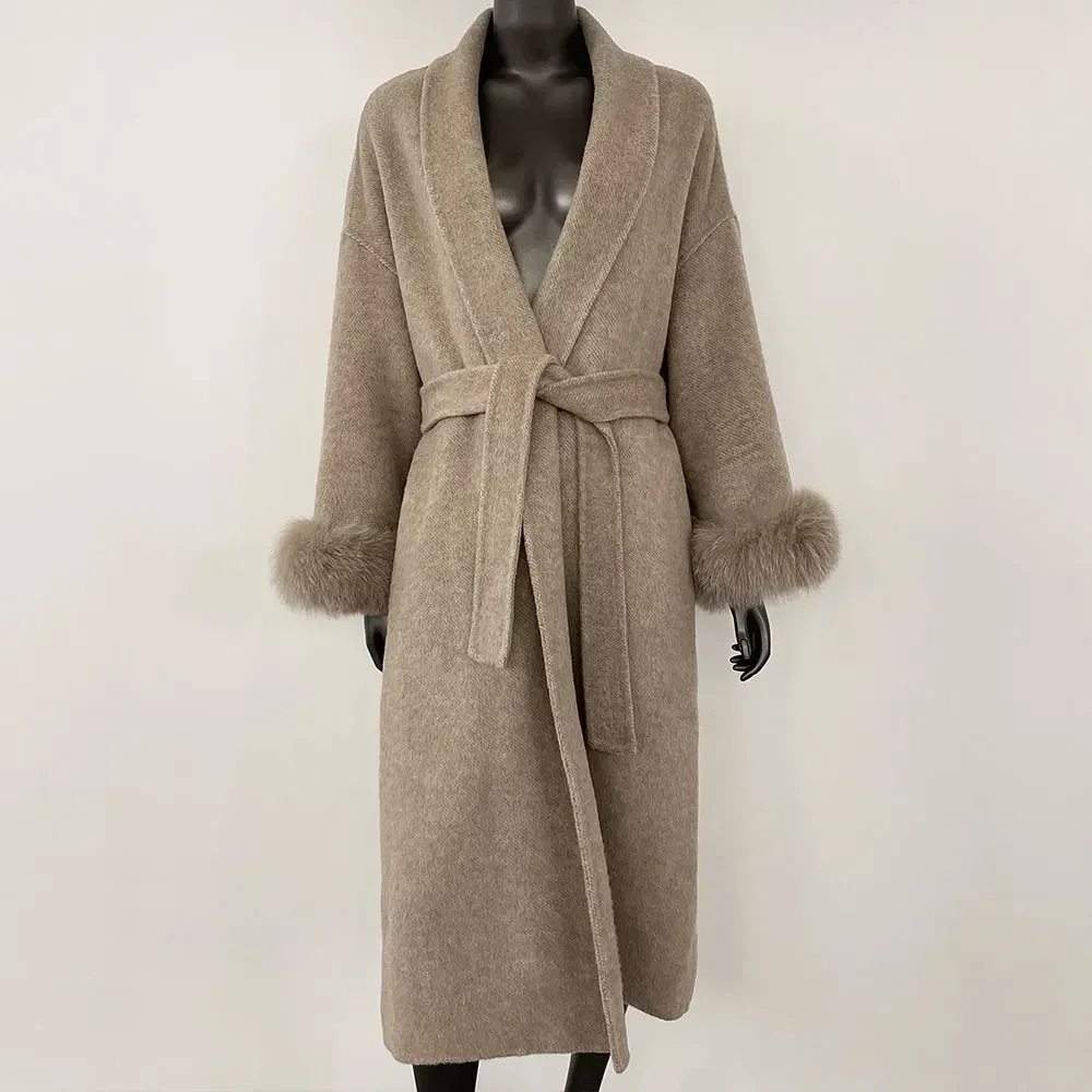 Tempérament d'hiver manteau en laine véritable court et Long poignets amovibles veste en fourrure de renard manteau en cachemire veste en laine Double face femmes