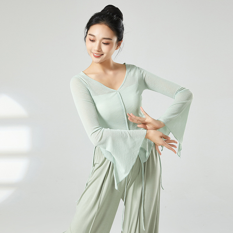 Vêtements d'entraînement de danse moderne, col en V, manches évasées fendues, hauts de tempérament, Costume d'entraînement de couleur unie pour femmes, vêtements ajustés