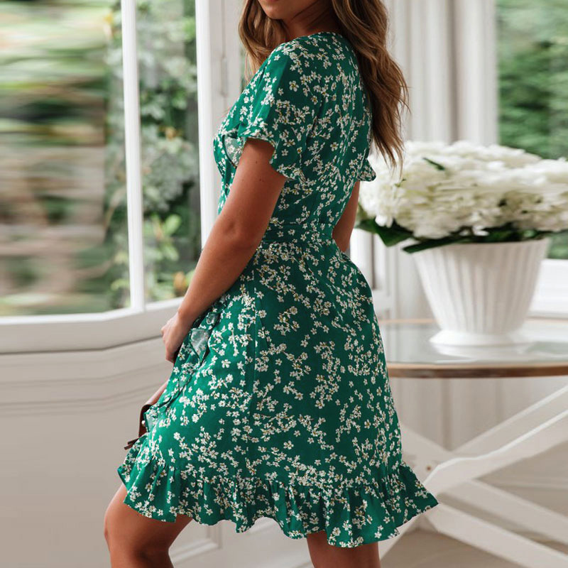 Femmes robes été 2025 Sexy col en V imprimé fleuri Boho Robe de plage à volants manches courtes une ligne Mini Robe portefeuille Robe d'été Robe