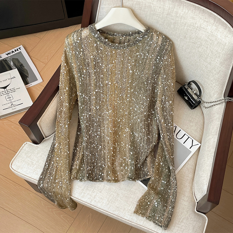 Pull ample tricoté à paillettes scintillantes pour femmes, pull à manches longues et col rond, haut en tricot, tendance, Style de rue, printemps automne