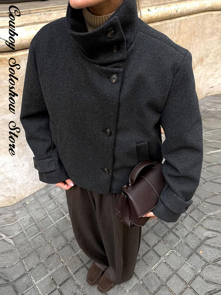 Manteau en laine à col haut uni pour femmes, élégant, chaud, à simple boutonnage, manches longues, avec poches, manteau court, nouvelle veste d'hiver quotidienne pour femme.