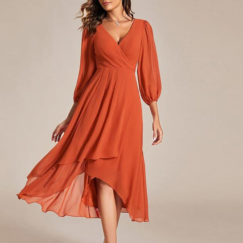 Robe longue élégante à col en V et coupe trapèze pour femme, avec manches en maille, idéale pour les fêtes, la plage et les soirées – Collection Printemps-Été