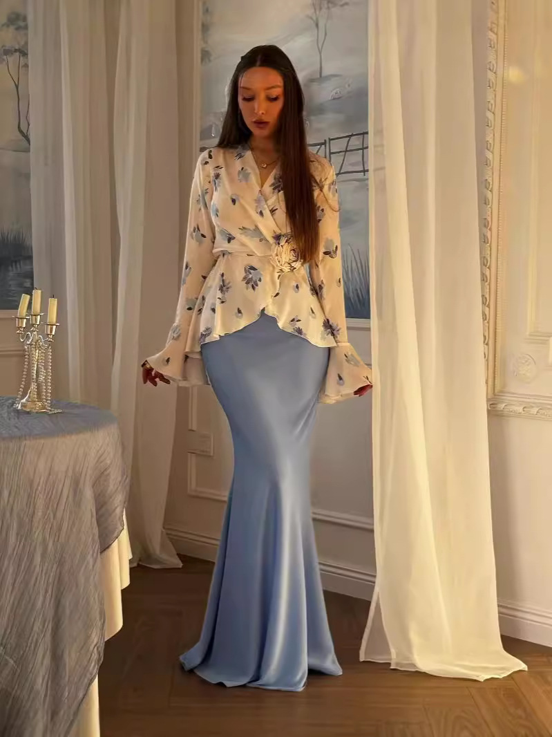 Femmes 2 pièces Ensemble musulman Blouse jupe fleur imprimé haut marocain dubaï Islam tenues 2025 arabe élégant Ensemble jupes longues costume