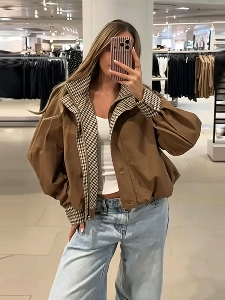 Manteau décontracté patchwork pour femme, élégant, à manches longues, col montant, plissé, vêtement d'extérieur féminin, mode automne-hiver 2026, streetwear pour femme