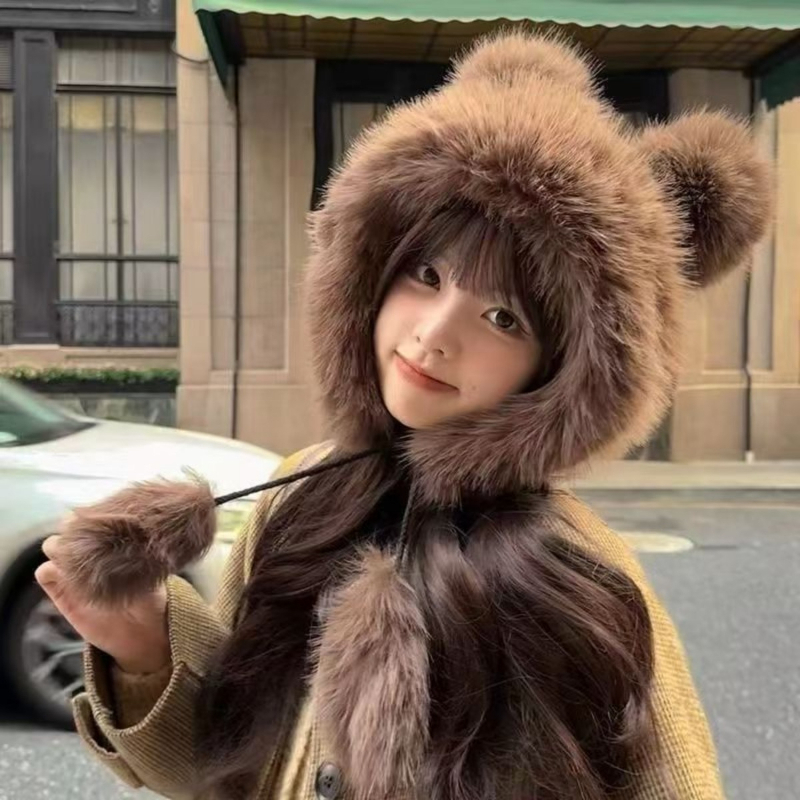 Chapeau d'oreille d'ours mignon en peluche pour femmes, Protection d'oreille épaisse et chaude, chapeau de vent et de neige, chapeau en peluche petit ours Lei Feng, nouvelle collection hiver