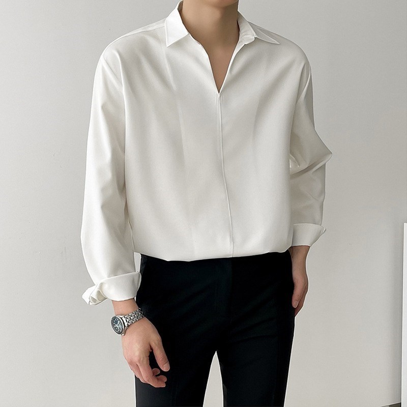 Nouveau coréen col en V hommes chemises de luxe décontracté Style tombant mince couleur unie à manches longues pull Blouse de haute qualité haut d'automne