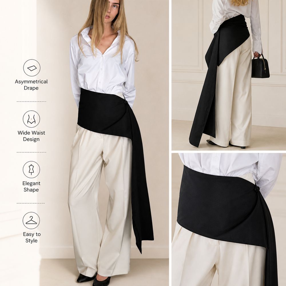 Nouvelle jupe drapée asymétrique noire à franges, style superposé avec ceinture à nouer, décoration en jean