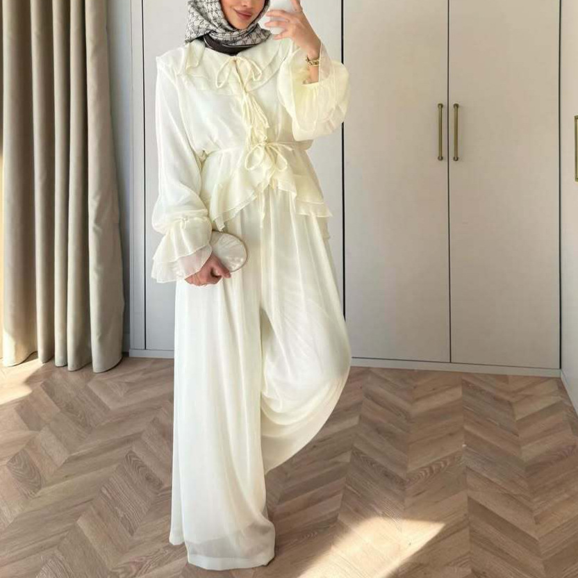 Ensemble 2 pièces pour femme : Blouse et pantalon large, style Ramadan Aïd, tenue musulmane arabe, Maroc, Dubaï, avec lacets, ensemble islamique