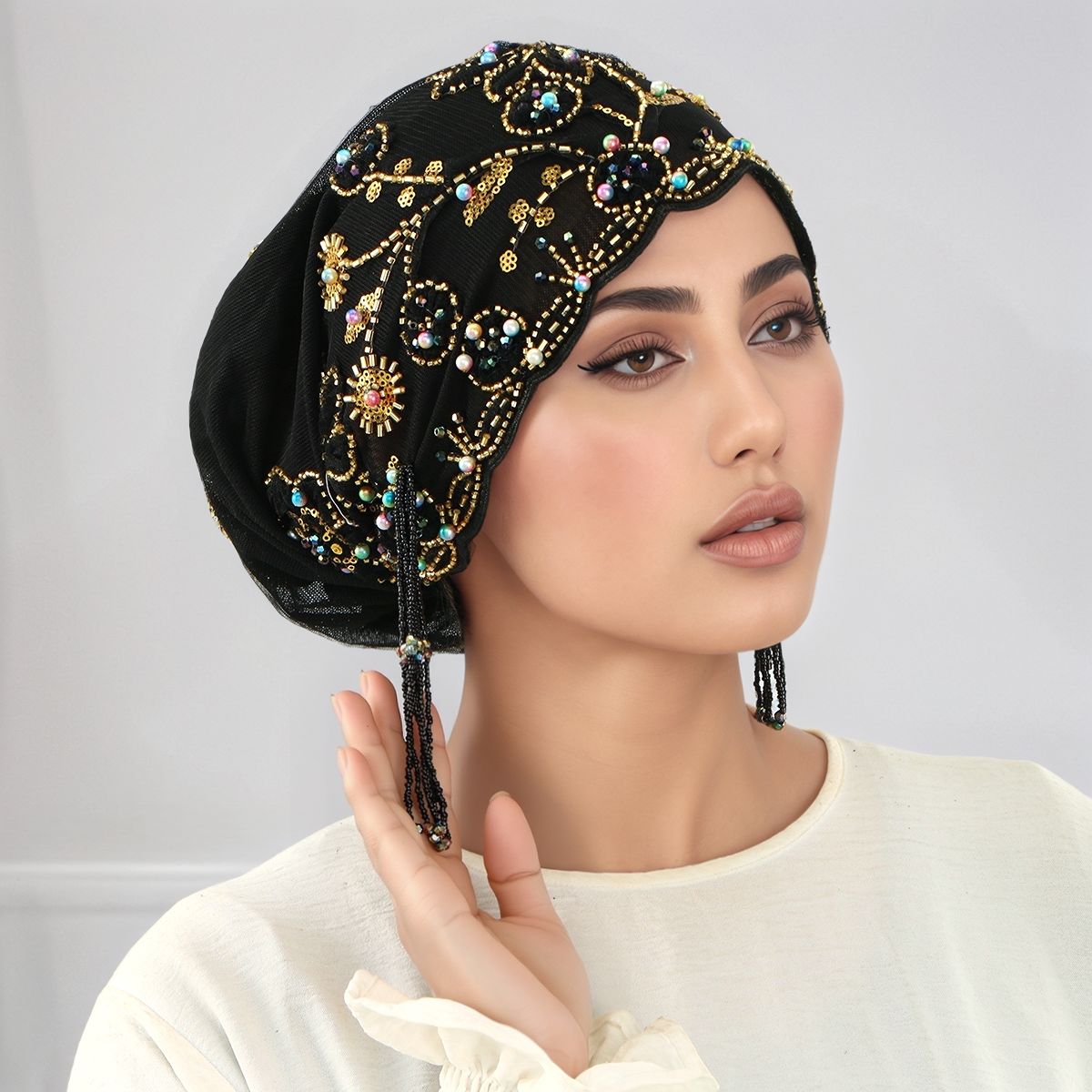 Chapeau de perles en dentelle musulmane, casquettes en tissu maille, Tube de perles associé à un fil de diamant acrylique, chapeau brodé pour femmes arabes de dubaï