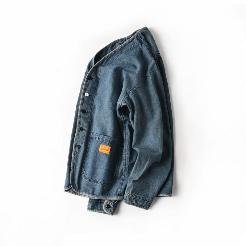 Veste en jean délavé style rétro japonais pour homme, cardigan décontracté à col en V avec poches utilitaires