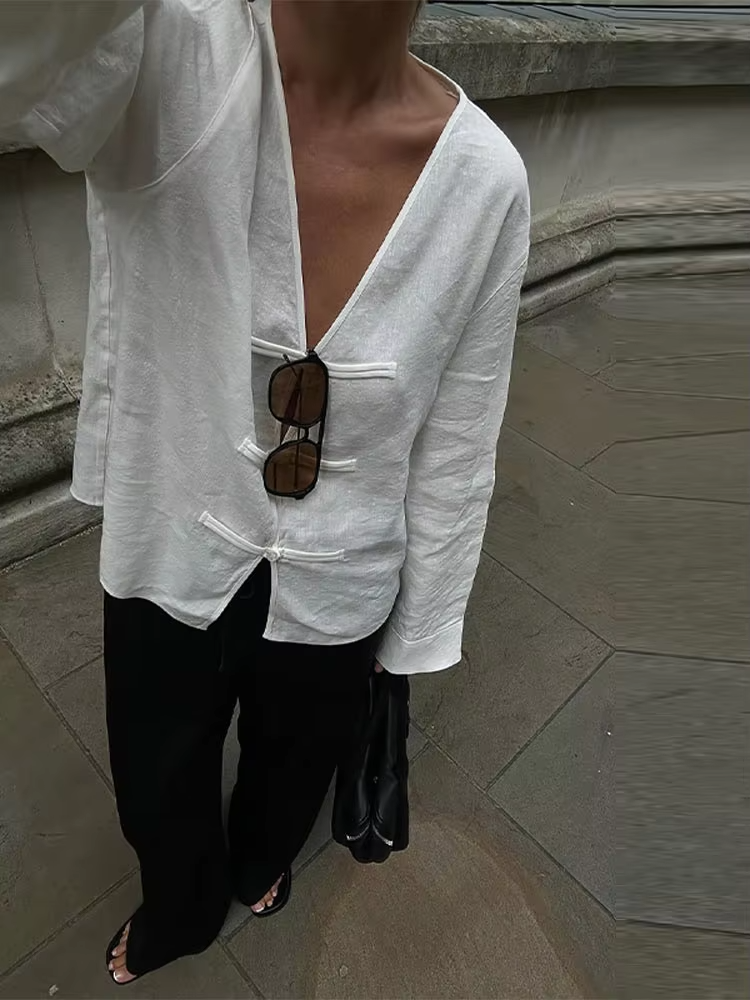 Chemisier Chic en Lin et Coton à Manches Longues pour Femme, Col en V, Boutonnage Simple, Collection Printemps-Été 2026, Idéal pour les Vacances et la Plage