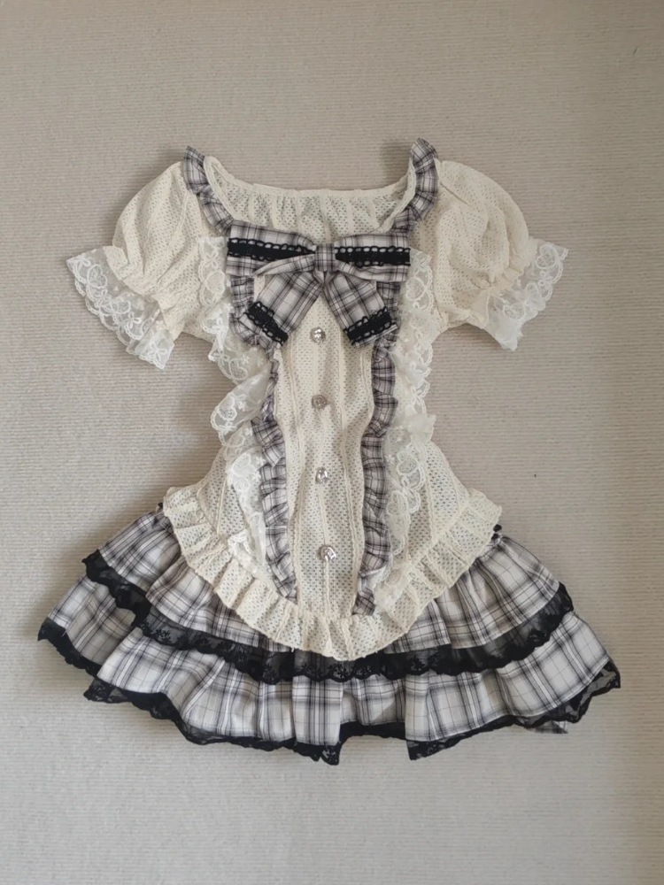 Ensemble 2 pièces japonais doux Kawaii pour femmes, haut en dentelle avec nœud mignon + Mini jupe bouffante, nouvelle mode Harajuku Y2k, tenues de Style Preppy à carreaux