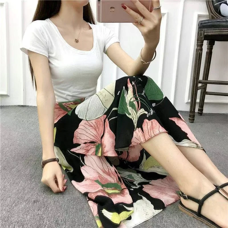 Jupe longue en mousseline de soie à imprimé floral pour femme, taille haute, avec fente, style portefeuille, à nouer sur le côté, pour la plage, été 2026
