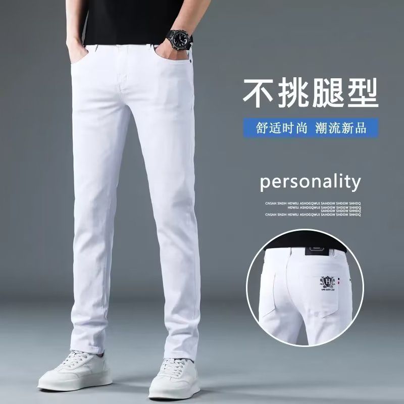 Homme coréen vêtements de créateur 2025 jean blanc hommes printemps automne imprimé étudiants mince Stretch crayon pantalon vêtements de travail pantalons longs