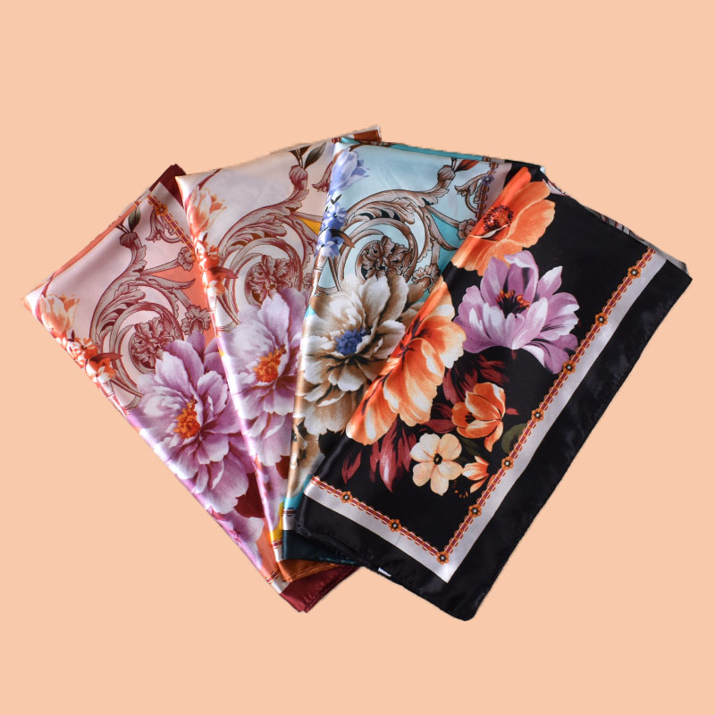 1 pièce Foulard carré en satin à imprimé floral pour femme, accessoire capillaire, nouveau style printemps, polyvalent, décoration pour sac ceinture, foulard en soie