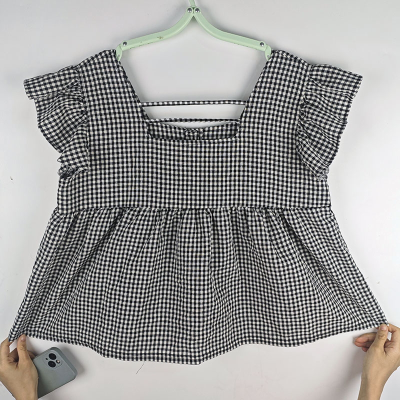 Chemise d'été en coton de Style coréen pour femmes, haut ample et respirant à col carré à carreaux avec petites manches flottantes