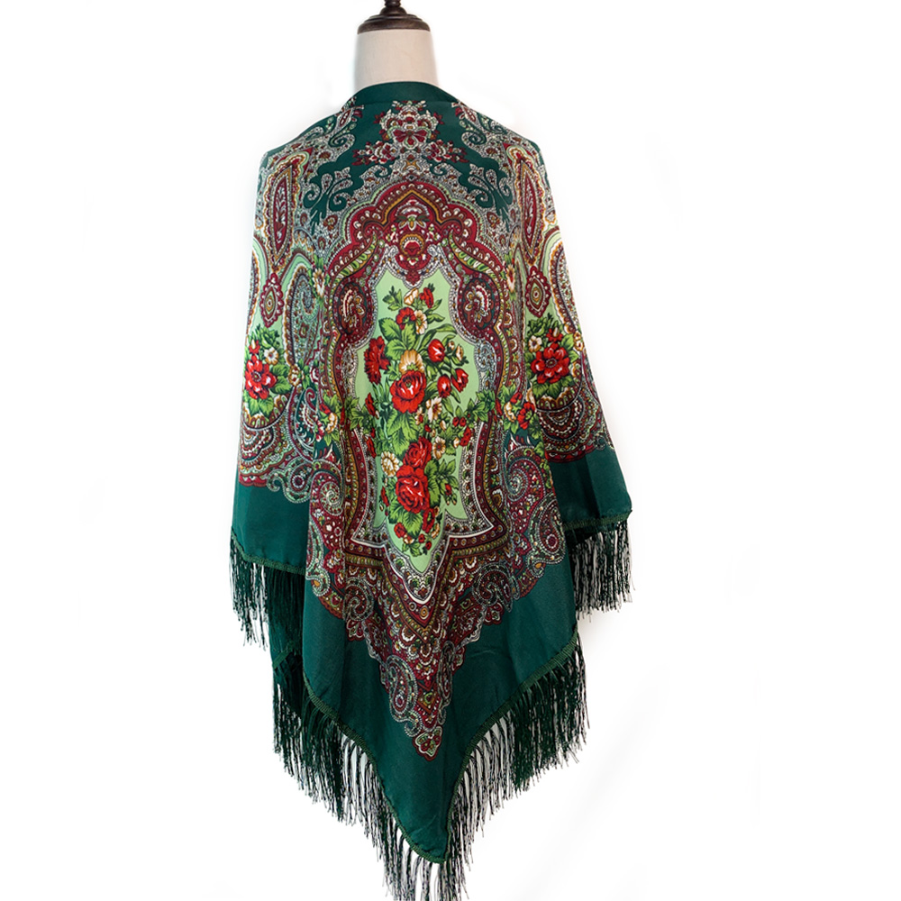 Foulard Carré de Luxe à Imprimé Floral pour Femme, Style Russe, Châle Traditionnel à Franges, Bandana, 160x160cm