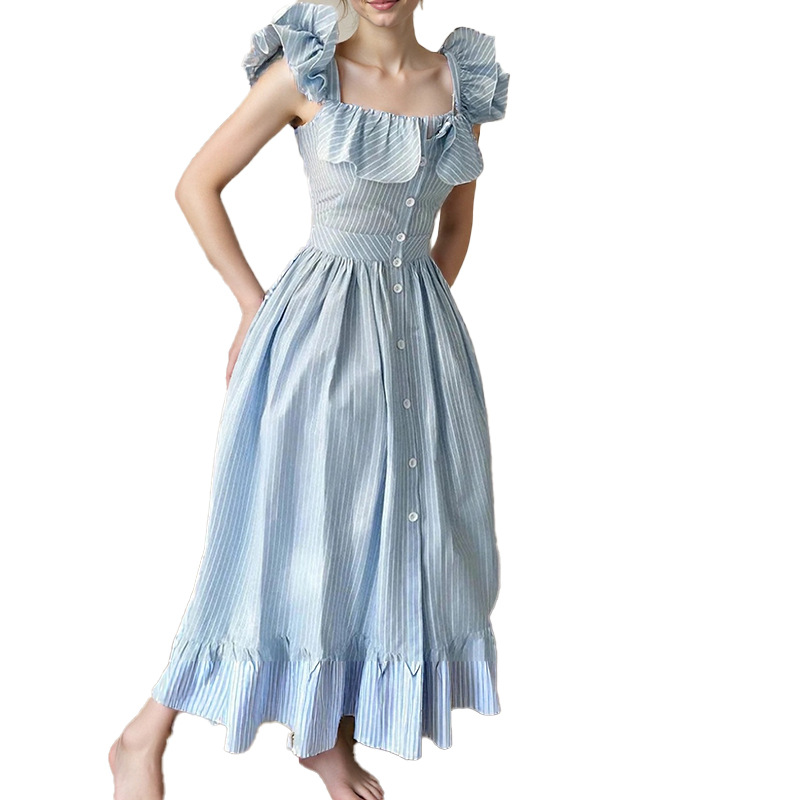 Robes longues rayées à manches volantes pour femme, élégantes, à simple boutonnage, coupe trapèze, taille haute, chic, pour l'été et les vacances
