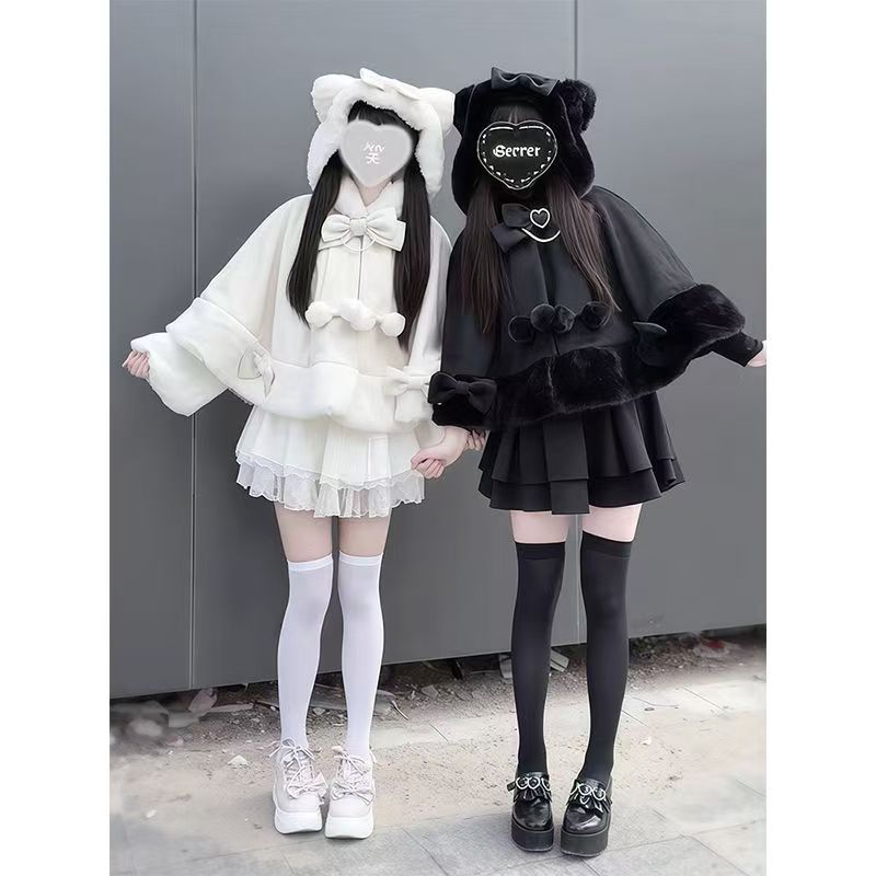 Manteau châle Lolita pour femme, pardessus Design avec nœud, capuche, Patchwork, Kawaii, chaud, Chic, doux, manteau de noël, nouvelle collection hiver 2025