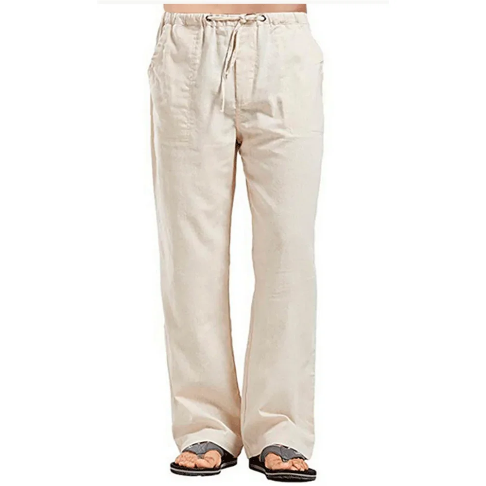 Pantalon d'été en coton et lin pour hommes, couleur unie, respirant, décontracté, taille élastique, pantalon de Fitness