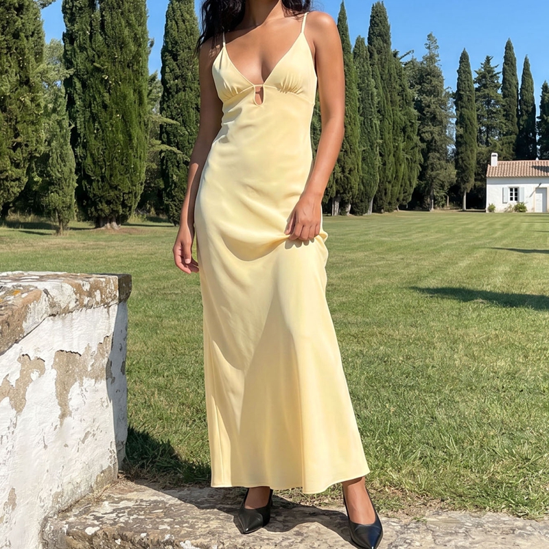 Robe longue en satin pour femme, style coquette, col en V profond, dos nu avec découpe, coupe trapèze, élégante, pour demoiselle d'honneur ou soirée