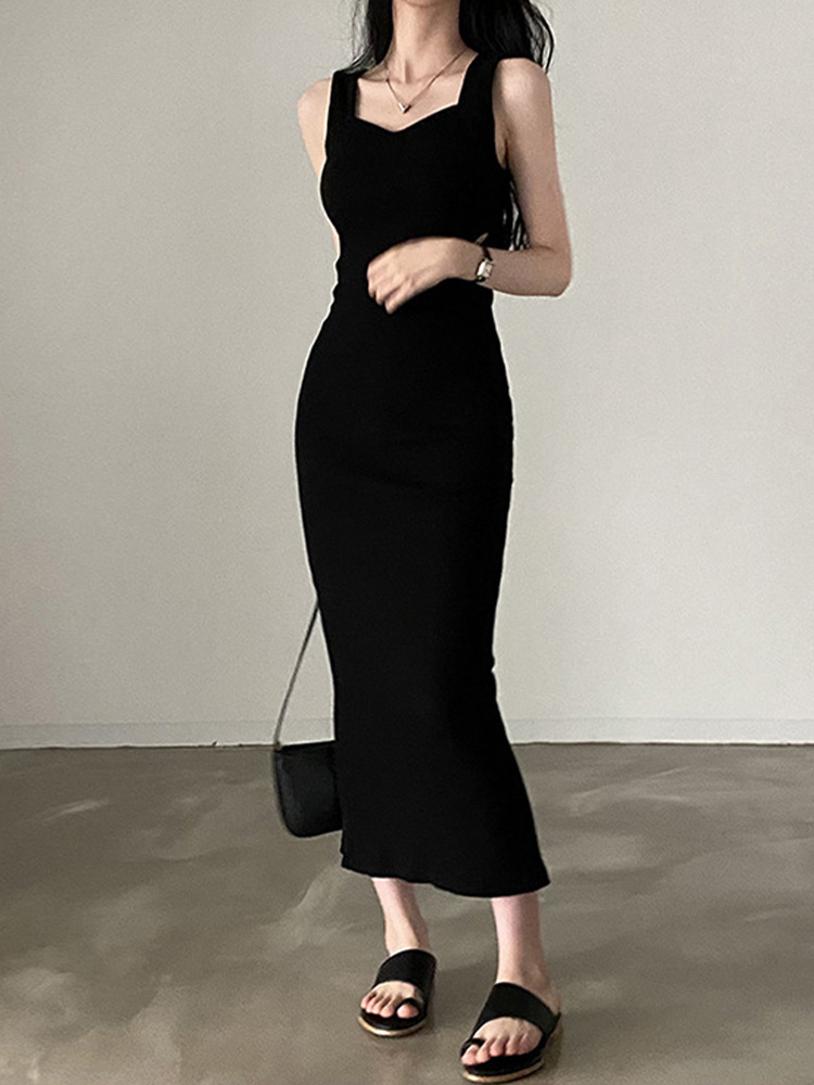 Robe longue en maille pour femmes, mode coréenne, col carré, décontractée, vêtements vintage Y2K assortis