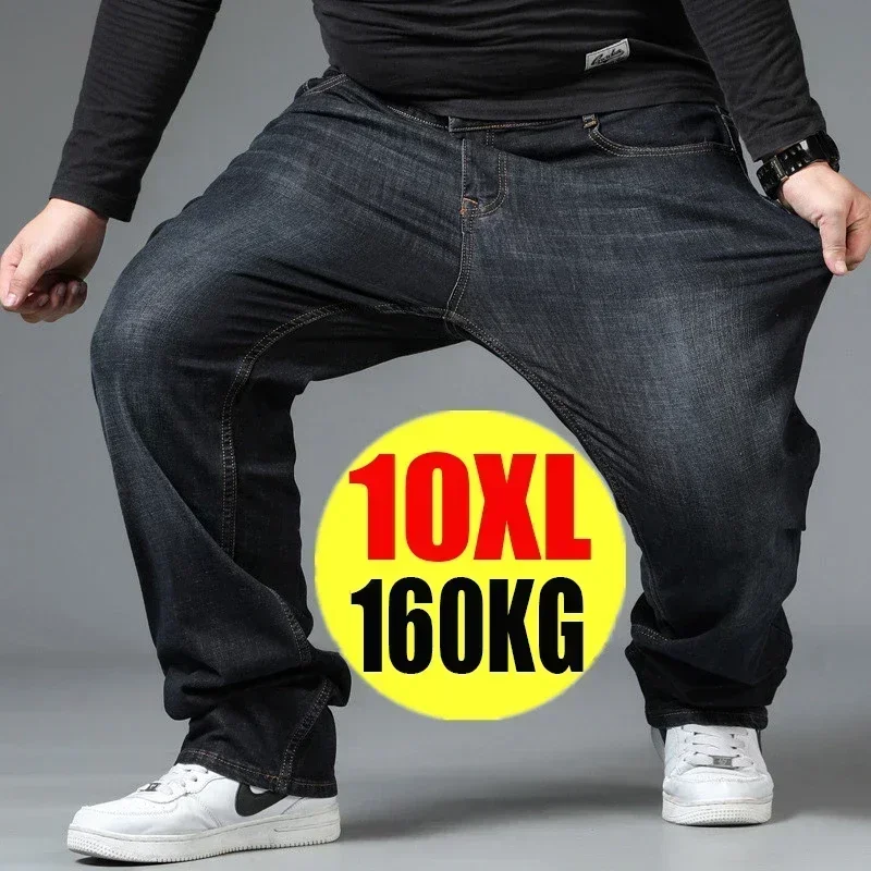 Hommes grande taille noir jean 10XL surdimensionné taille haute pantalon ample mari grande taille pantalon en jean ample bleu mâle Denim pantalon