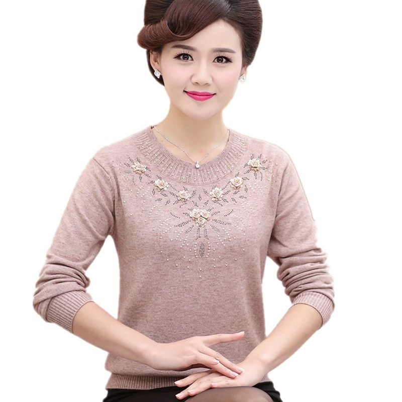 Chandails et pulls d'hiver pour femmes d'âge moyen, pull chaud en laine à col rond, robe mère, hauts pull féminin W105