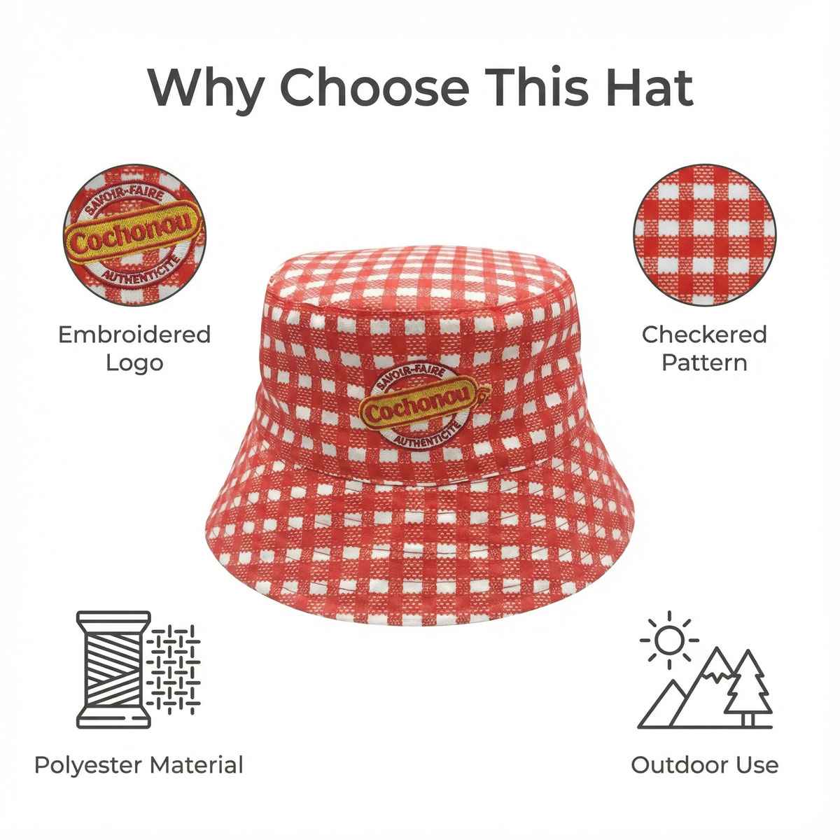 Chapeau Bob COCHONOU avec logo brodé, polyester à carreaux rouges, chapeau de soleil tendance pour homme et femme