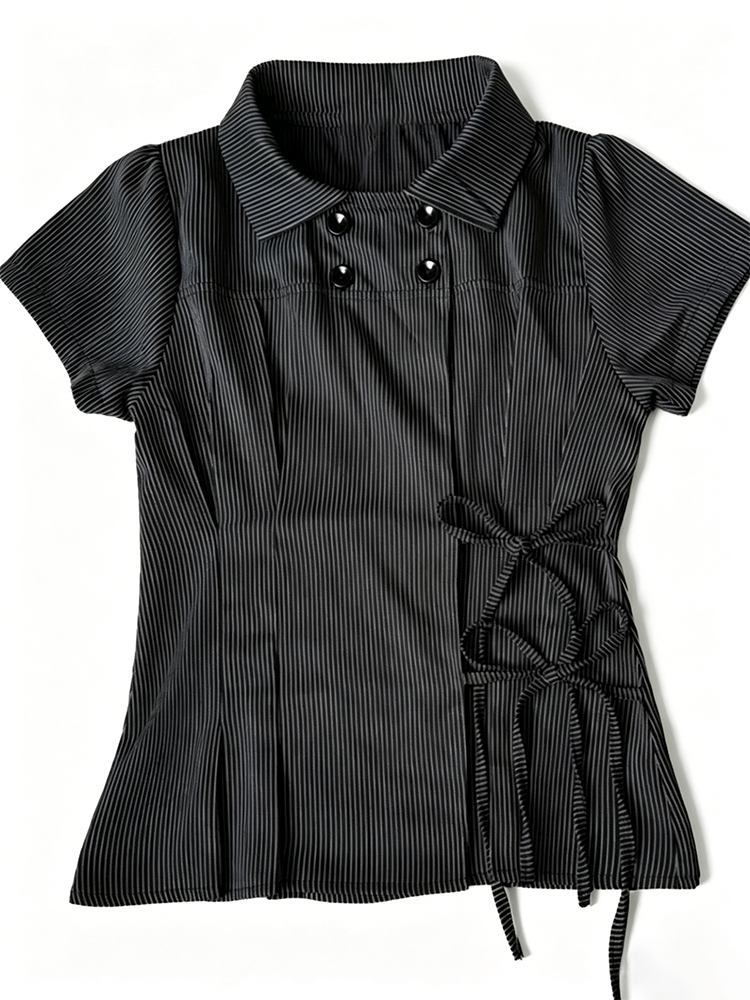 T-shirt rayé à manches courtes pour femmes, style rétro américain Y2K, design millénaire, avec boutons et nœud papillon, idéal pour l'été