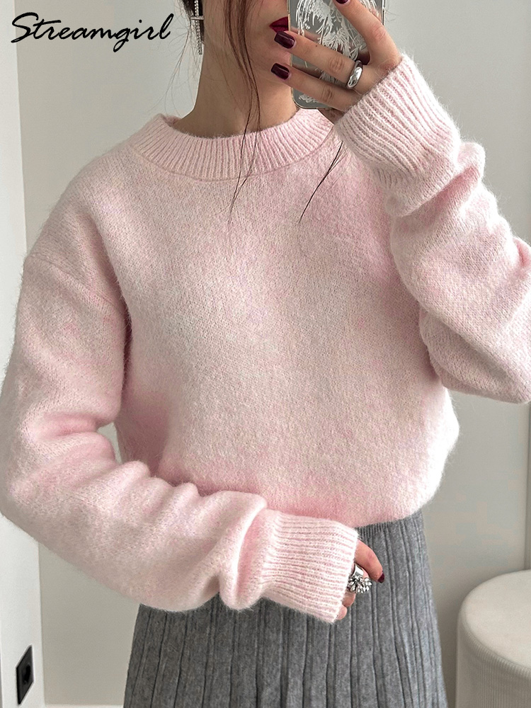 Femmes chandails pour l'hiver chaud surdimensionné pull Vintage col rond épais tricoté pulls jaune moelleux chandails pour les femmes automne