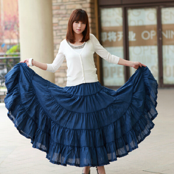 Jupe longue à volants style bohémien pour femme, Maxi, couleur bonbon, taille élastique, coton, décontractée, à la mode