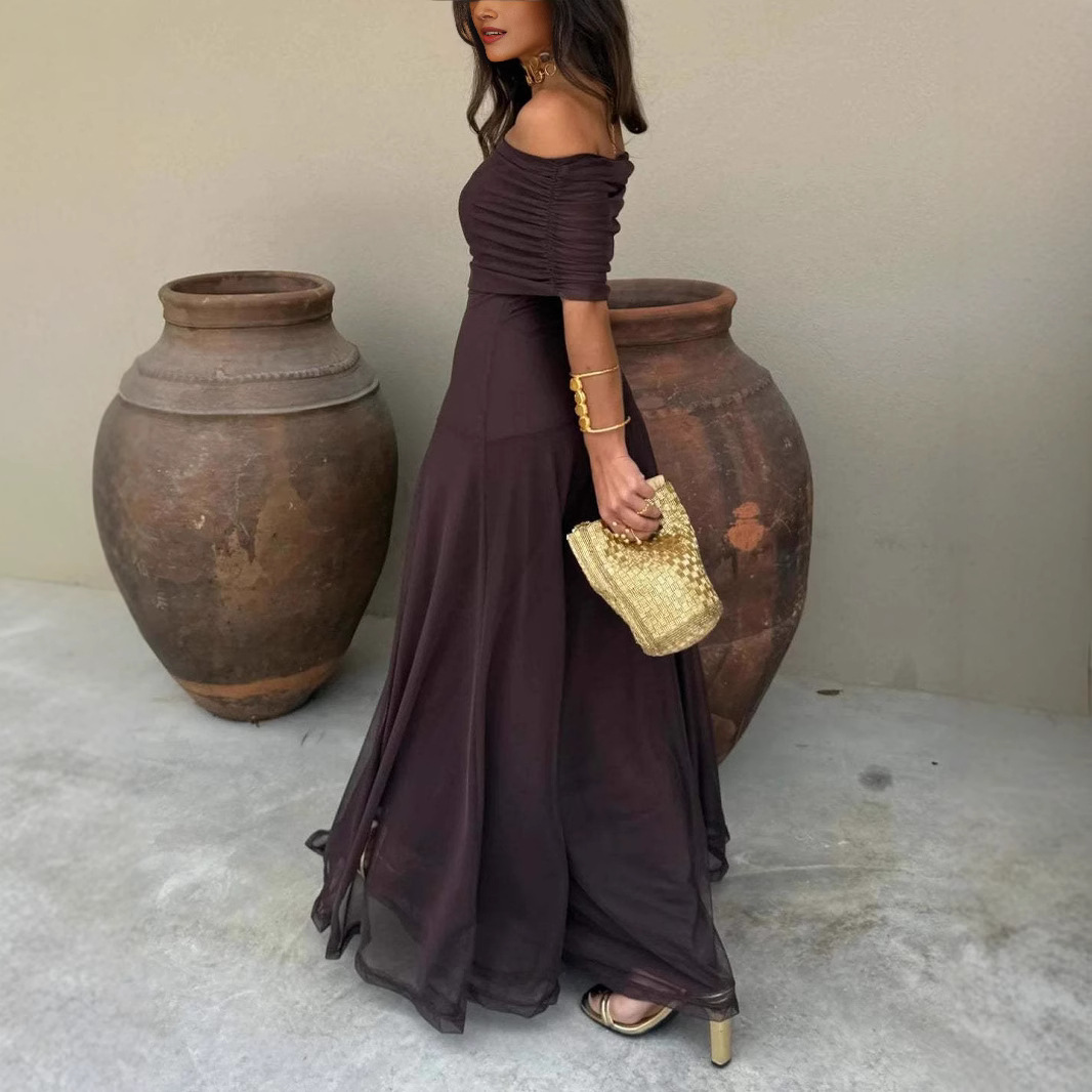 Robe bandeau d'été, robe maxi élégante drapée à épaules dénudées, robe de soirée ajustée style vacances